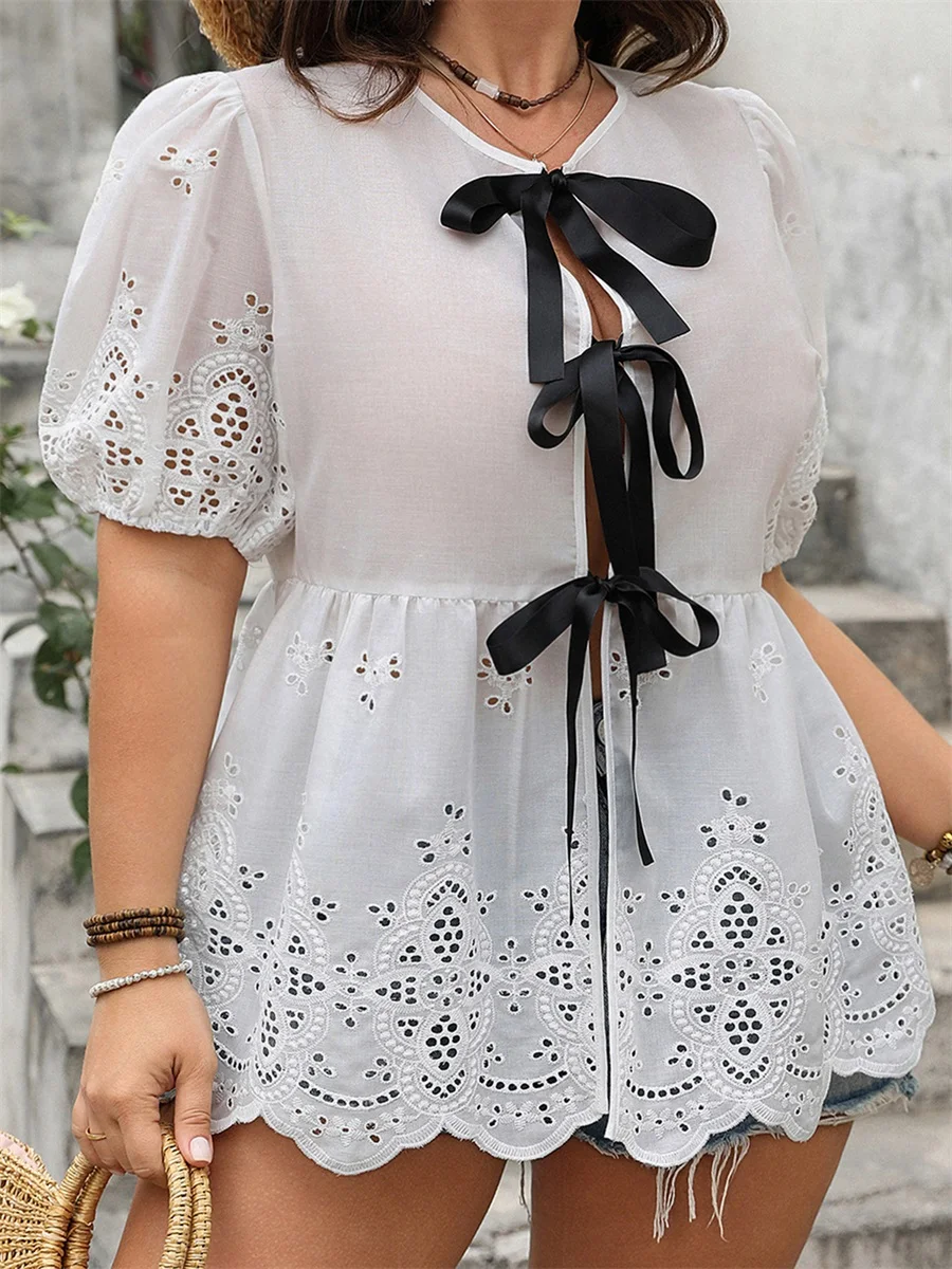 Women s Plus Size Summer T-Shirt with Cutout Lace Detail and Tie Front Short Sleeve for Casual Streetwear Fashion - Image 4
