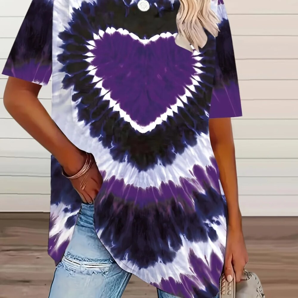 plus size tie-dye heart-print T-shirt casual short-sleeved knitted top round neck, spring and summer series, large size shirt