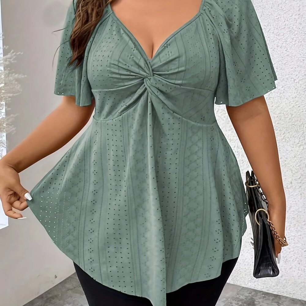 Plus Size Elegant Summer T Shirt for Women Casual Office Lady Solid Curve Clothing Loose V Neck Tops