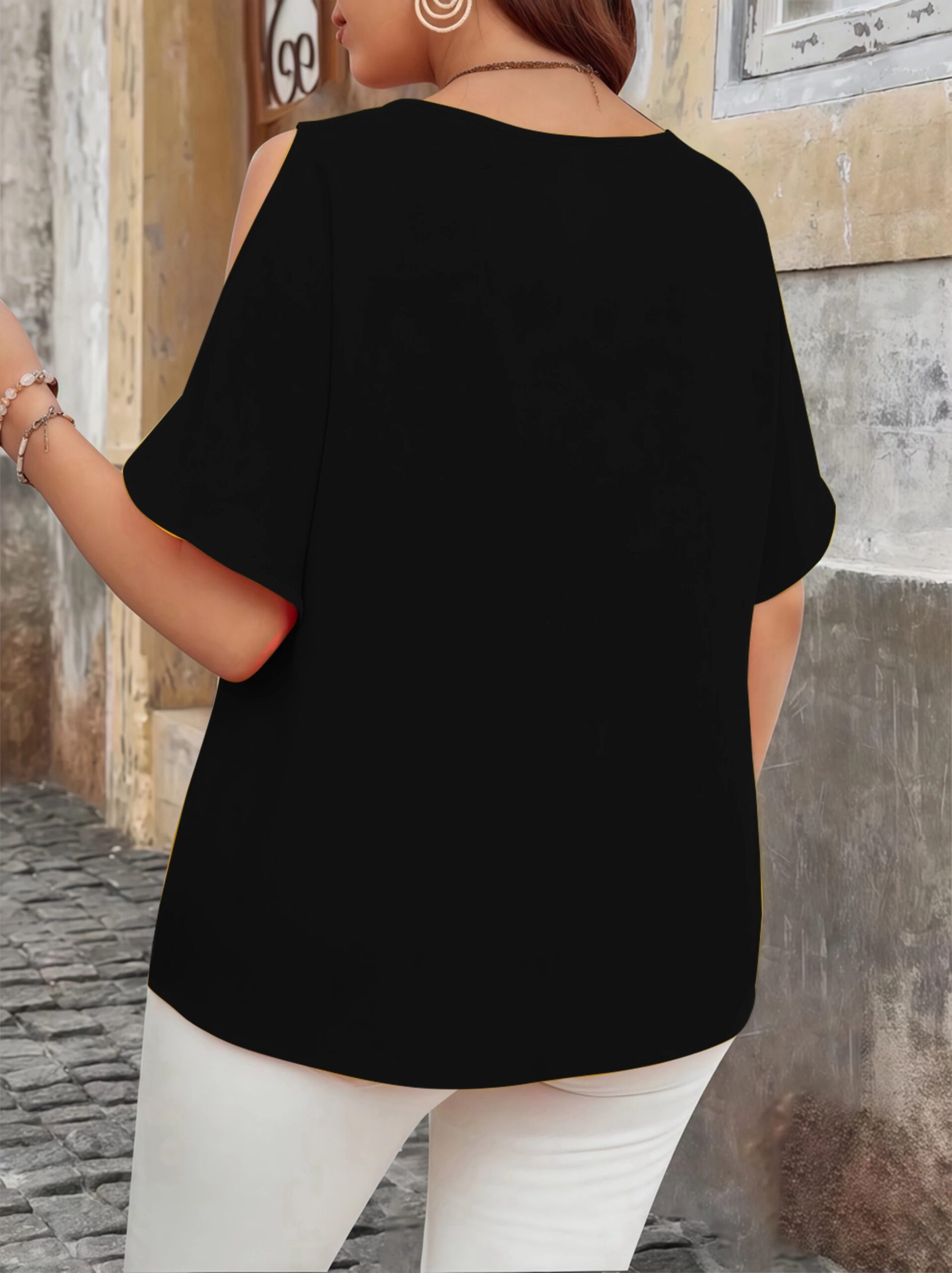 Elegant Off-Shoulder Wave V-Neck T-Shirt - Solid Color Plus Size Women's Blouse, Fashion Casual Short Sleeve Summer Top - Image 2