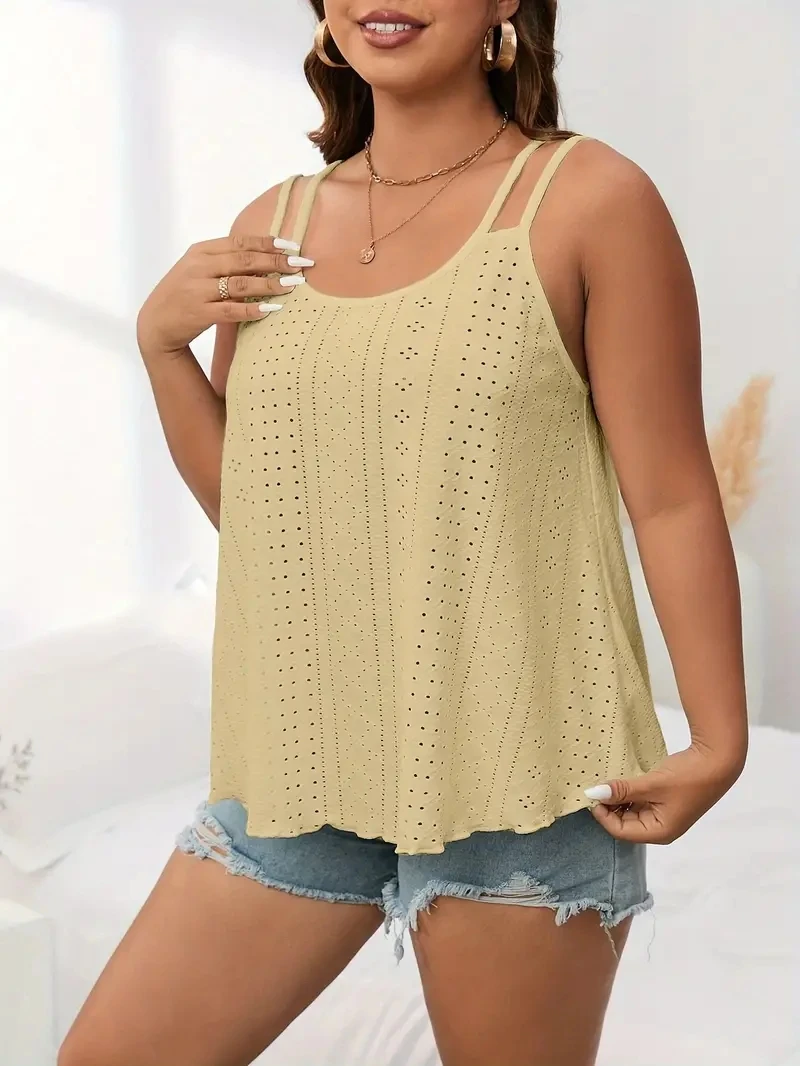 Plus Size Eyelet Delight - Dual Strap Cami Top with Breathable Crew Neck - Effortlessly Chic Summer Style for Curvy Women - Image 5