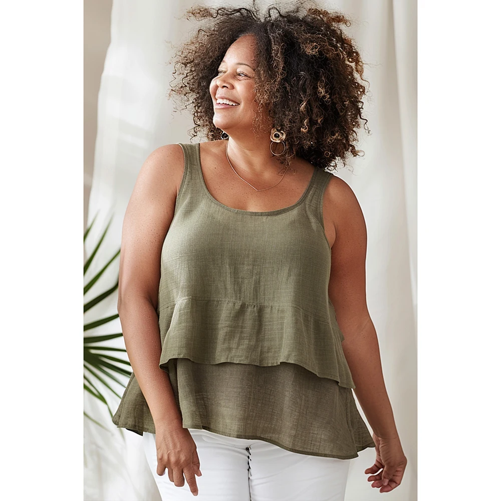 Plus Size Summer Casual Matcha Green Linen Solid Round Neck Tiered Tank Top