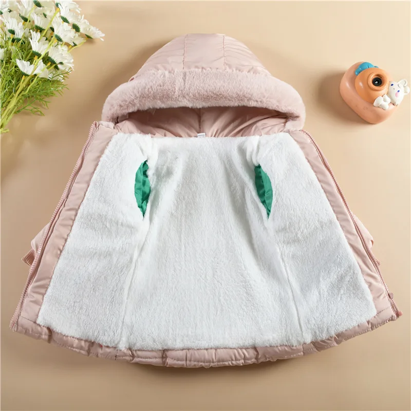 Autumn Winter Girls Fur Collar Jackets With Pockets Warm Hooded Cotton Coat Fashion Outerwear For Kids Casual Overcoat Clothes - Image 4