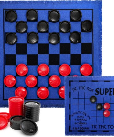 3-in-1 Vintage Giant Checkers Toy for Kids, Tic, Tac, Toe, Game with Reversible Mat, 24 Chips, Family Board Games(Blue)