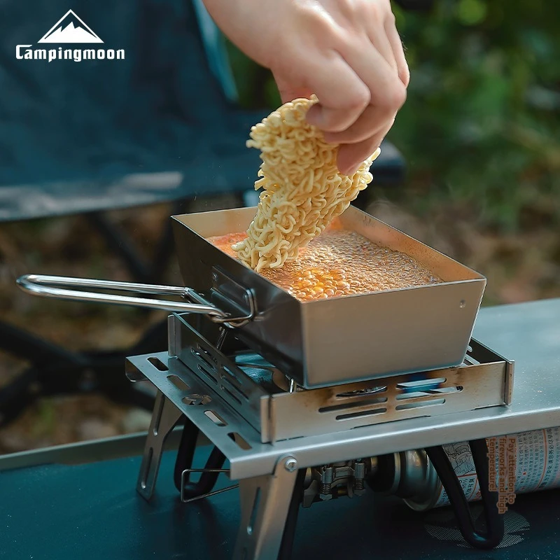 CAMPINGMOON Portable Thickened Stainless Steel Camping Picnic Cookware with Deepened and Detachable Handle, Steak Frying Pan