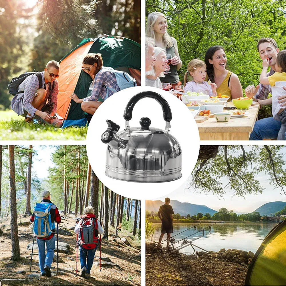 Camping Stainless Steel Whistling Kettle in 2L Portable Travel Teapot Coffee Pot with Folding Safe Handle Camping Cookware - Image 6