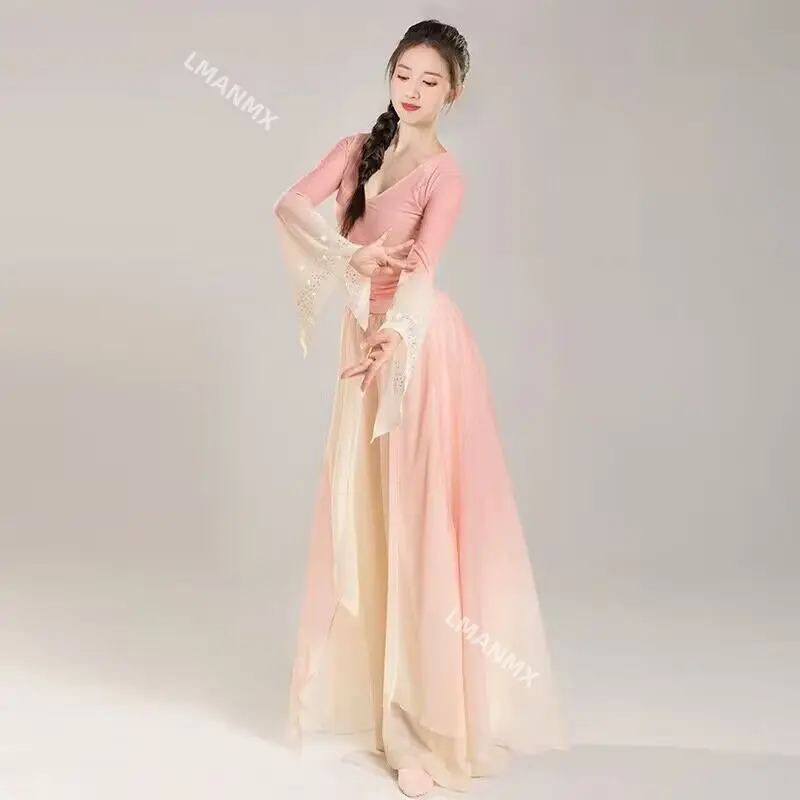 Classical dancer performance costumes chiffon practice dance clothes body long outer green pink Chinese style folk dance dress
