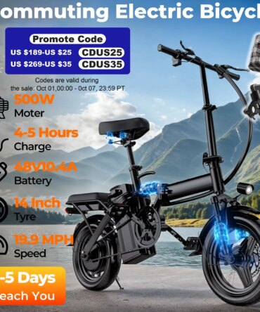 LELEKUAI 500W Adult Electric Bike, 20 MPH, 48V 10.4Ah Removable Battery, 14 Inch Folding Electric Bike, Multi-Shock Absorption