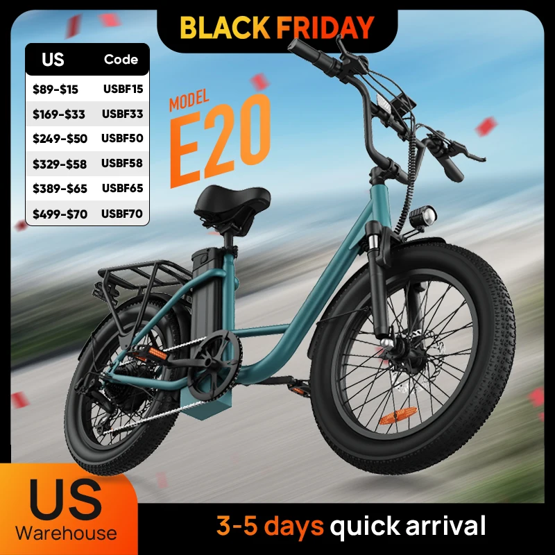 1000W E20 Electric Bike | 48V 13Ah Removable Battery, 20MPH, 20''X3" Fat Tire, 7-Speed Electric Bicycles with Dual Disc Brake