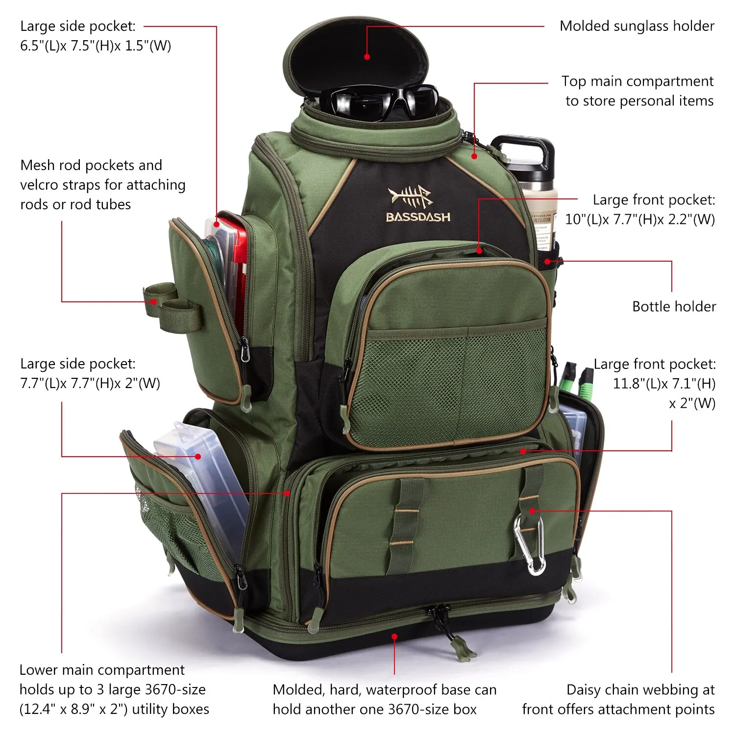 Bassdash Multifunctional Fishing Tackle Backpack Lightweight Tactical Soft Tackle Box with Protective Rain Cover - Image 3