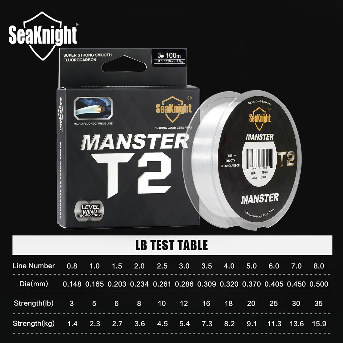SeaKnight Brand MANSTER T2 Series 100% Fluorocarbon Fishing Line 100M, Carbon Fiber Line 3-35LB Upgrade Sinking Line Sea Fishing - Image 4