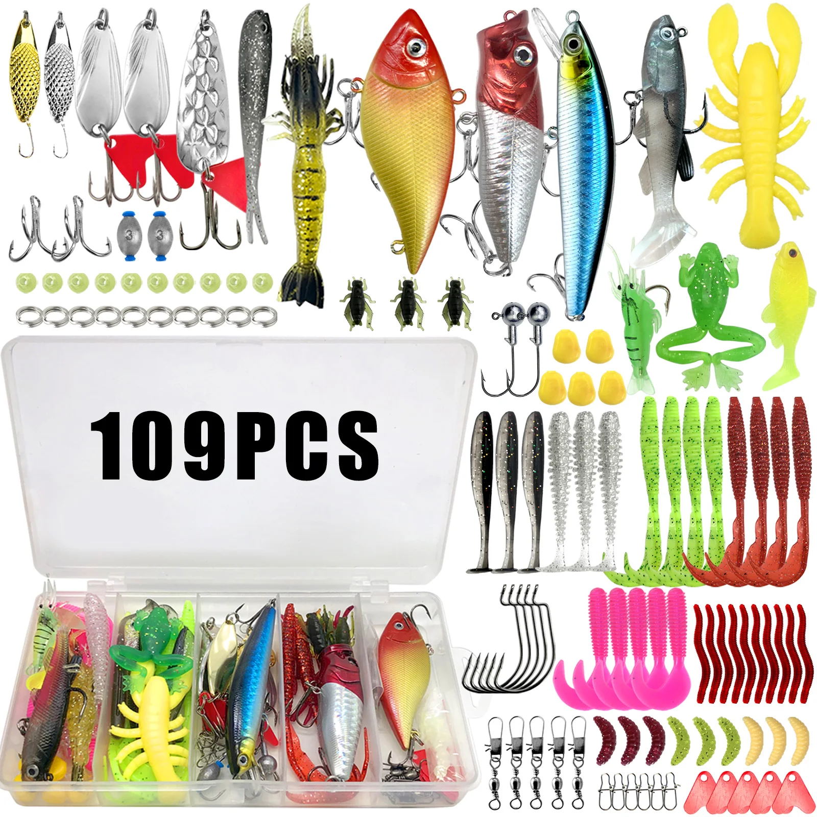 Fishing Lures Kit 60/109/141/219pcs Bait Set With Soft Lure Metal Spoons Hard Minnow Crankbait And Accessories With Tackle Box