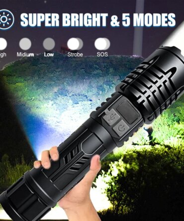 High Lumen Waterproof Tactical Flashlight - 5 Modes, Rechargeable, High Brightness, Durable ABS for Outdoor, Camping, Emergency