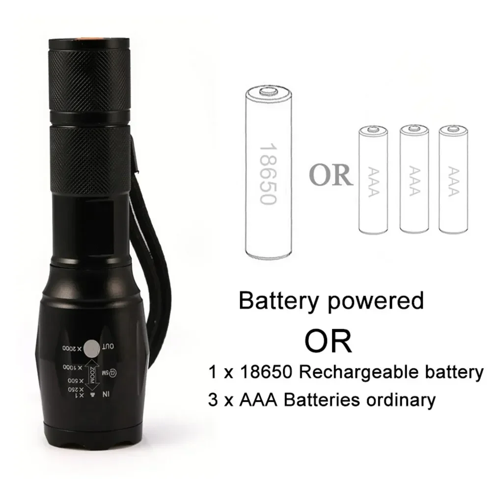 High Power T6 LED Flashlight Camping Torch 5 Light Modes Zoomable Waterproof Aluminum Alloy Body External 18650 Battery Included - Image 6