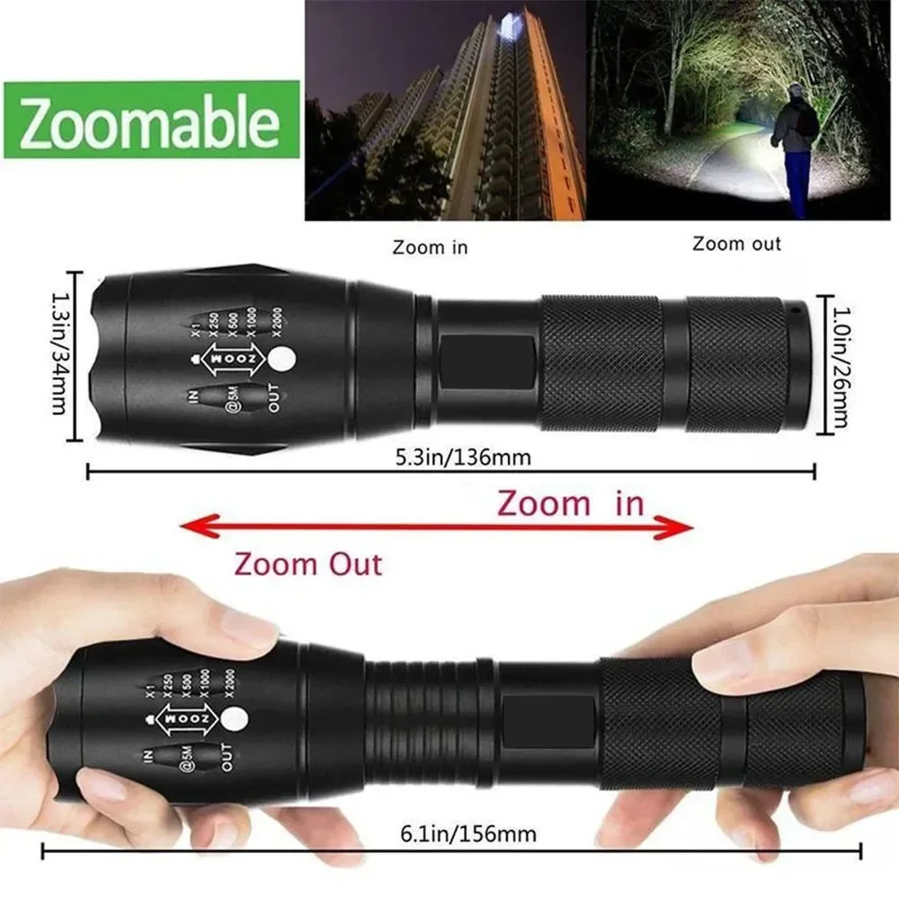 High Power T6 LED Flashlight Camping Torch 5 Light Modes Zoomable Waterproof Aluminum Alloy Body External 18650 Battery Included - Image 3