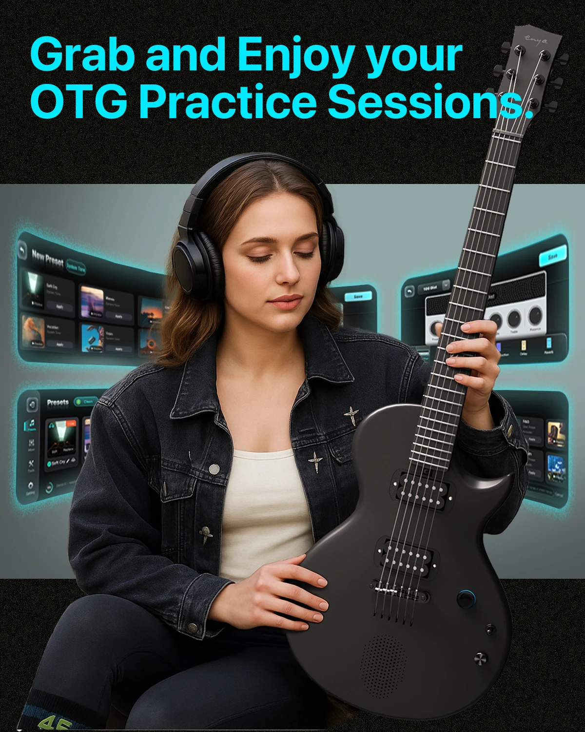 Enya Electric Guitar Nova Go Sonic Smart Electric Carbon Fiber Guitarra with Wireless Speaker, Onboard Presets, Charging Cable