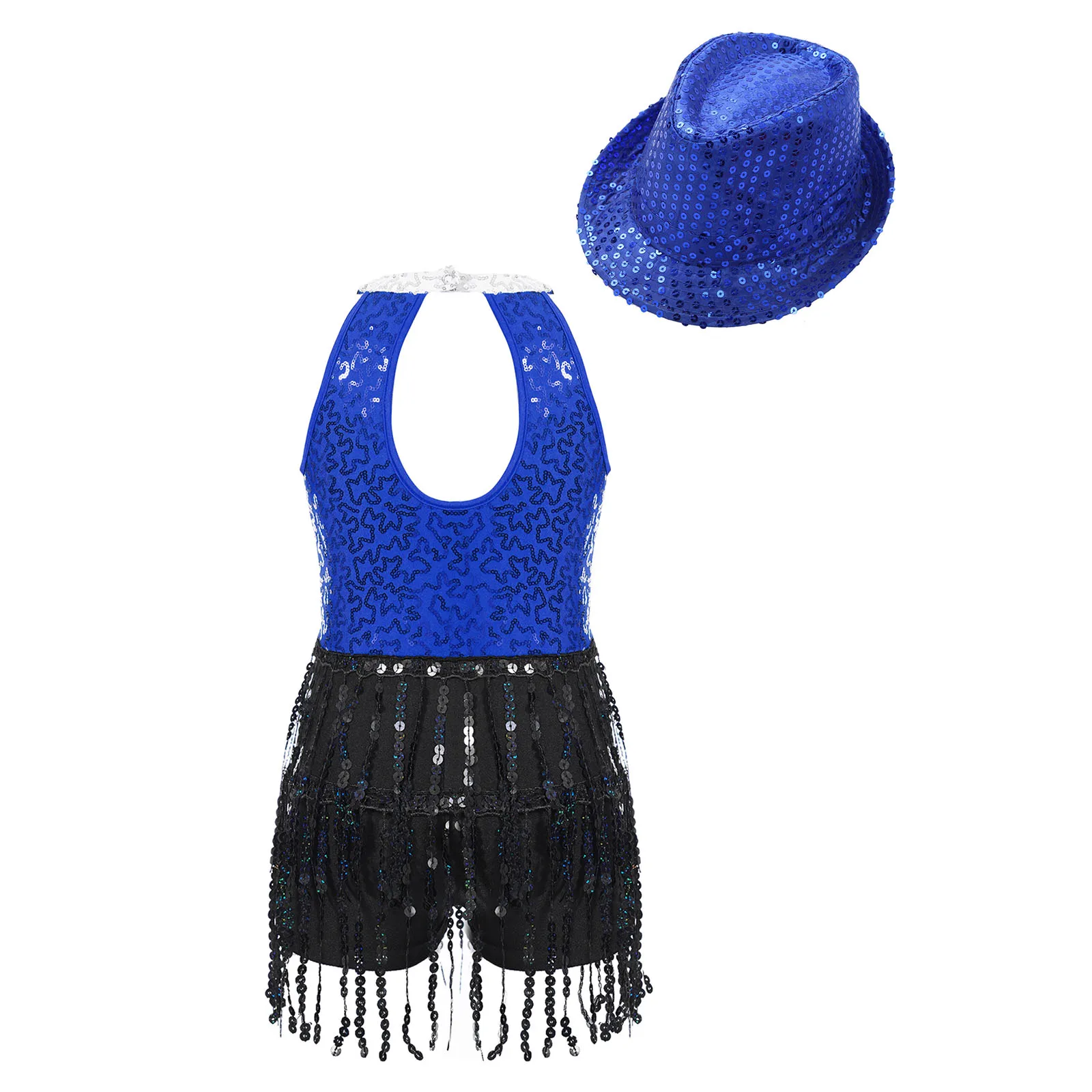 Kids Girls Sequins Tassel Jazz Jumpsuit Hip Hop Latin Ballet Leotard Dance Dress with Hat Set Competition Performance Costume - Image 2