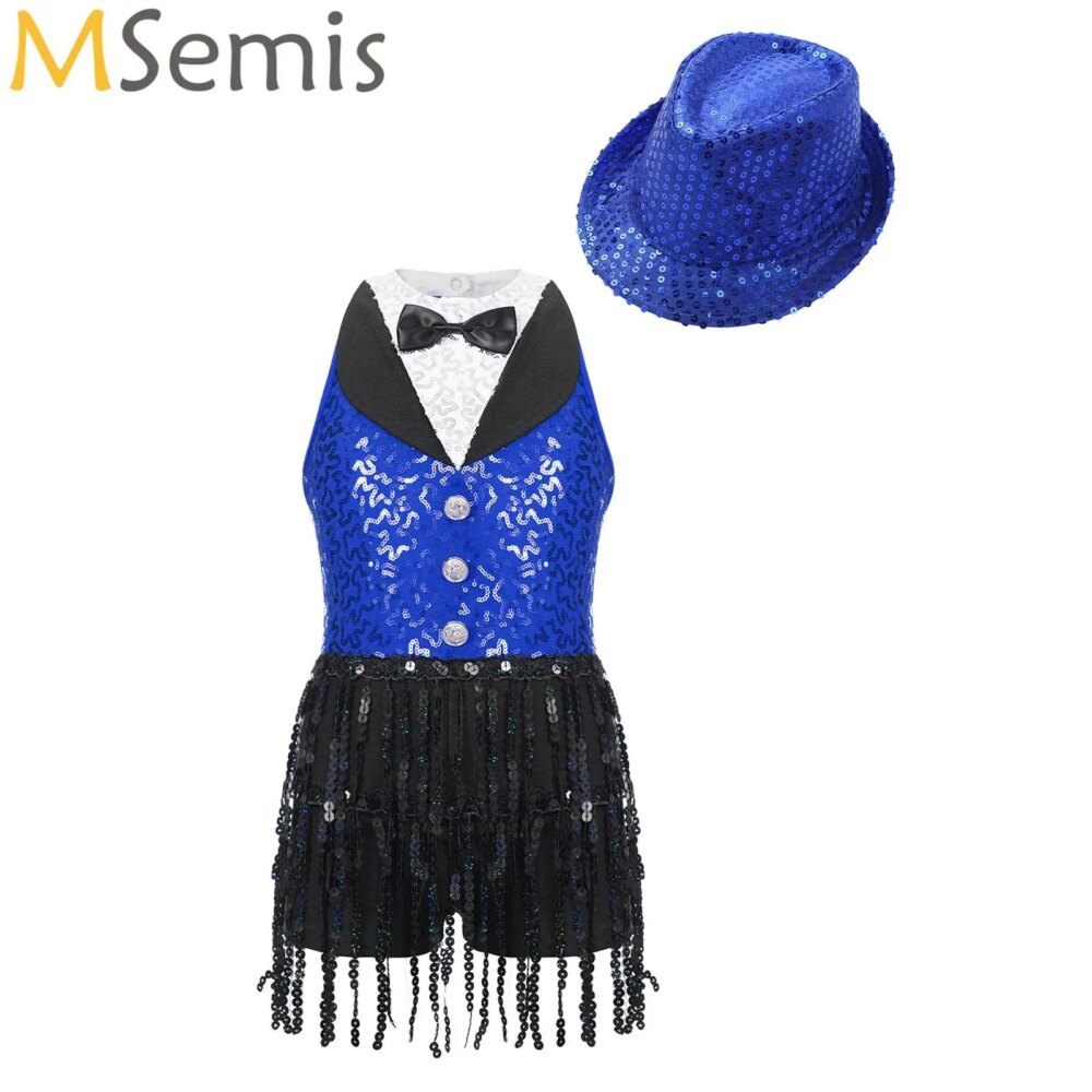 Kids Girls Sequins Tassel Jazz Jumpsuit Hip Hop Latin Ballet Leotard Dance Dress with Hat Set Competition Performance Costume