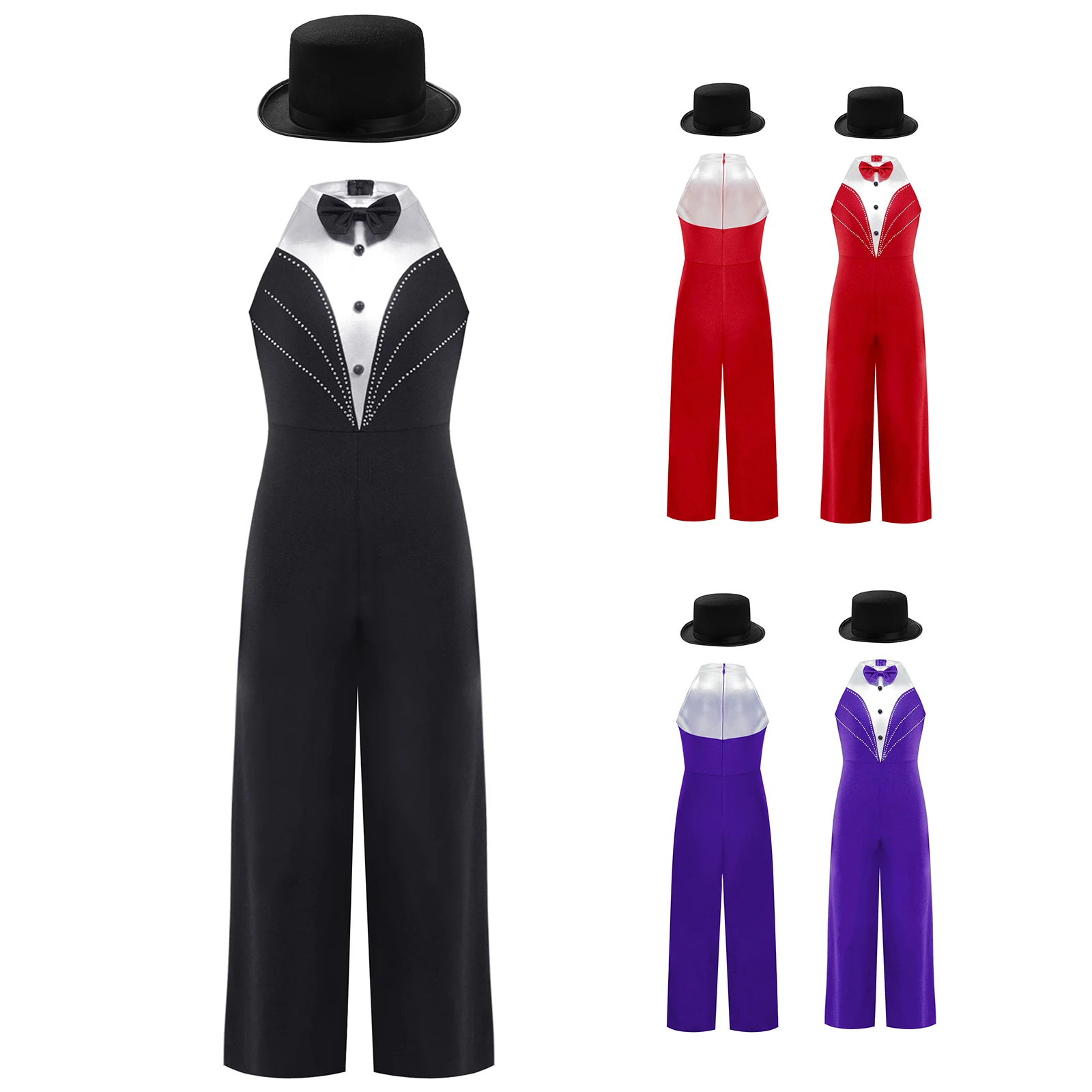 Kids Girls Jazz Dance Stage Performance Outfits Metallic Patchwork Jumpsuit Rhinestone Magician Bodysuit with Felt Top Hat Set - Image 5