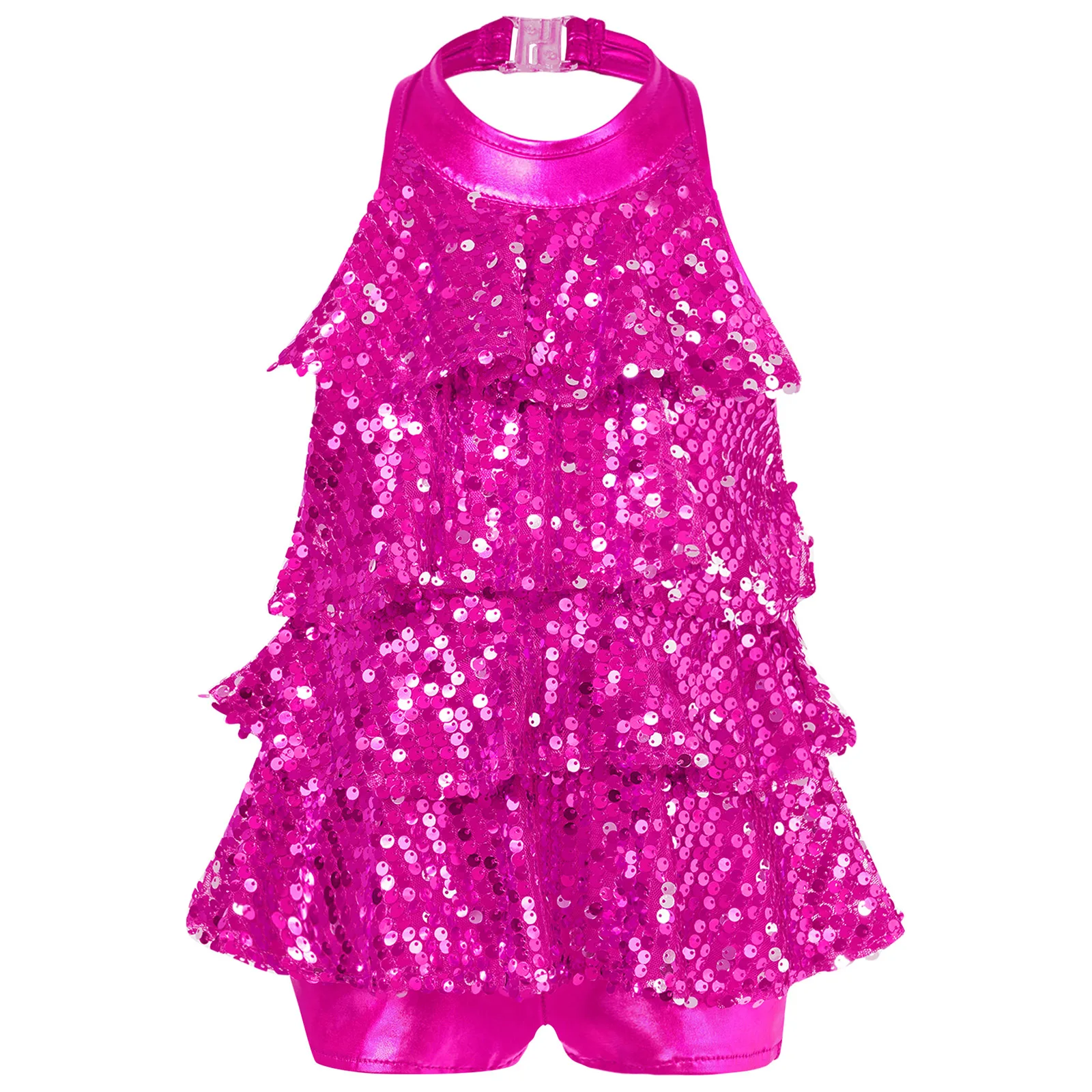 Kids Halter Shiny Sequins Ballet Dance Shorty Unitard Dress Girls Modern Jazz Latin Samba Rumba Chacha Dance Performance Costume - Image 2