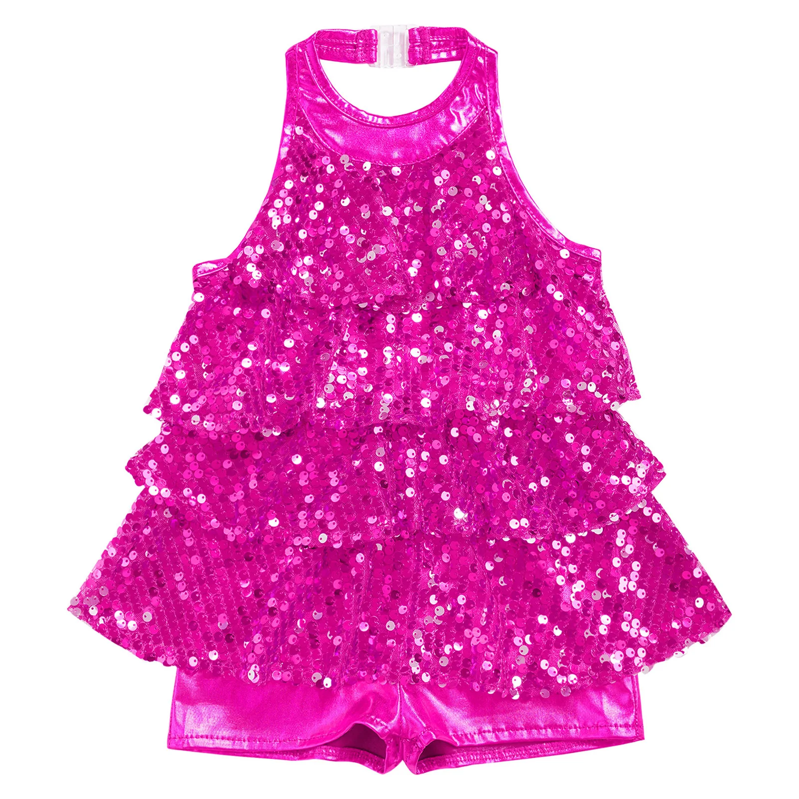 Kids Halter Shiny Sequins Ballet Dance Shorty Unitard Dress Girls Modern Jazz Latin Samba Rumba Chacha Dance Performance Costume - Image 4