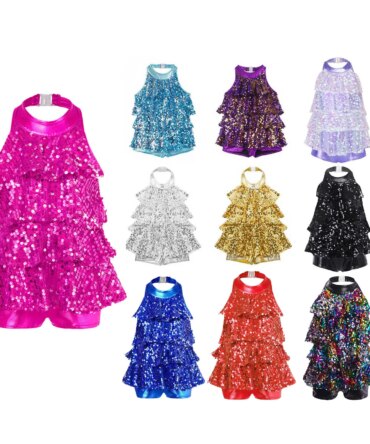 Kids Halter Shiny Sequins Ballet Dance Shorty Unitard Dress Girls Modern Jazz Latin Samba Rumba Chacha Dance Performance Costume
