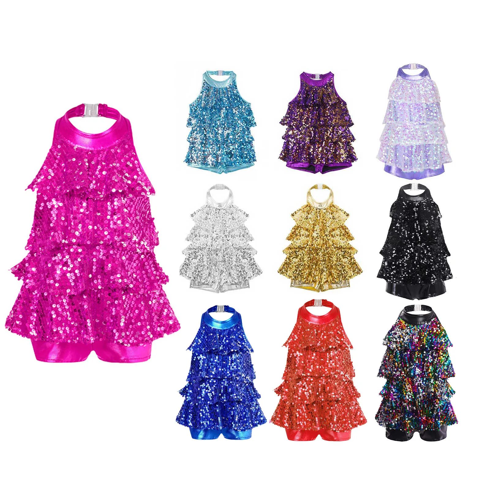 Kids Halter Shiny Sequins Ballet Dance Shorty Unitard Dress Girls Modern Jazz Latin Samba Rumba Chacha Dance Performance Costume