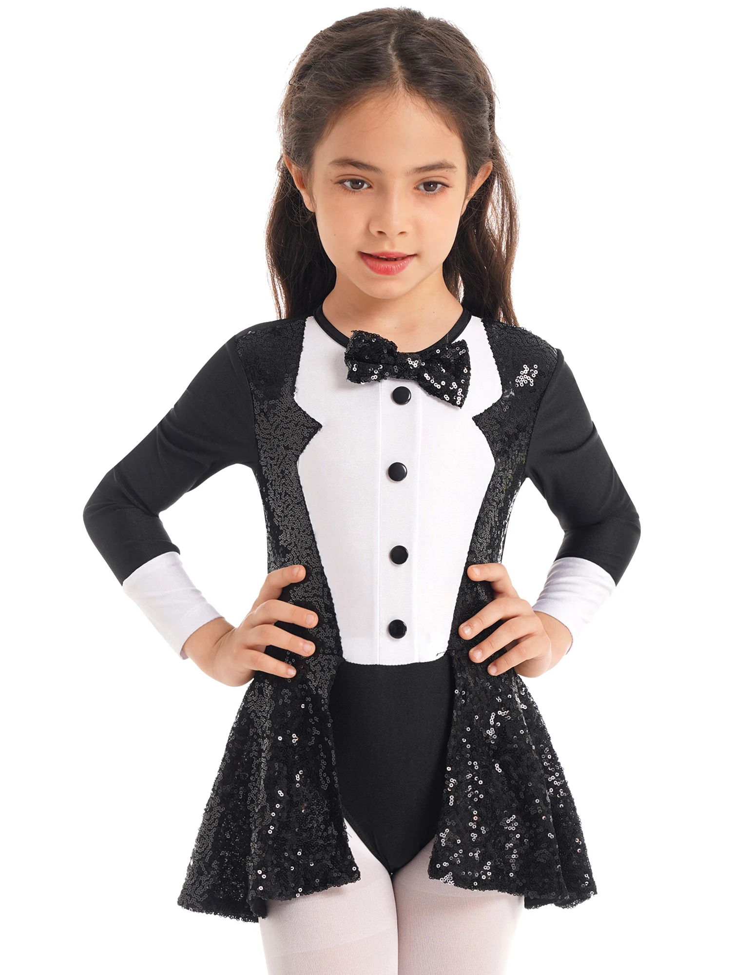 Kids Girls Sequins Leotard Ballroom Dance Dress Adorned Leotard with Hem Shiny Sequins Circus Ringmaster Magician Jazz Costume - Image 4