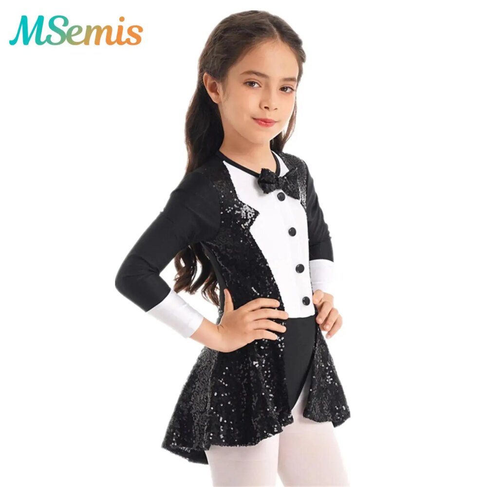 Kids Girls Sequins Leotard Ballroom Dance Dress Adorned Leotard with Hem Shiny Sequins Circus Ringmaster Magician Jazz Costume