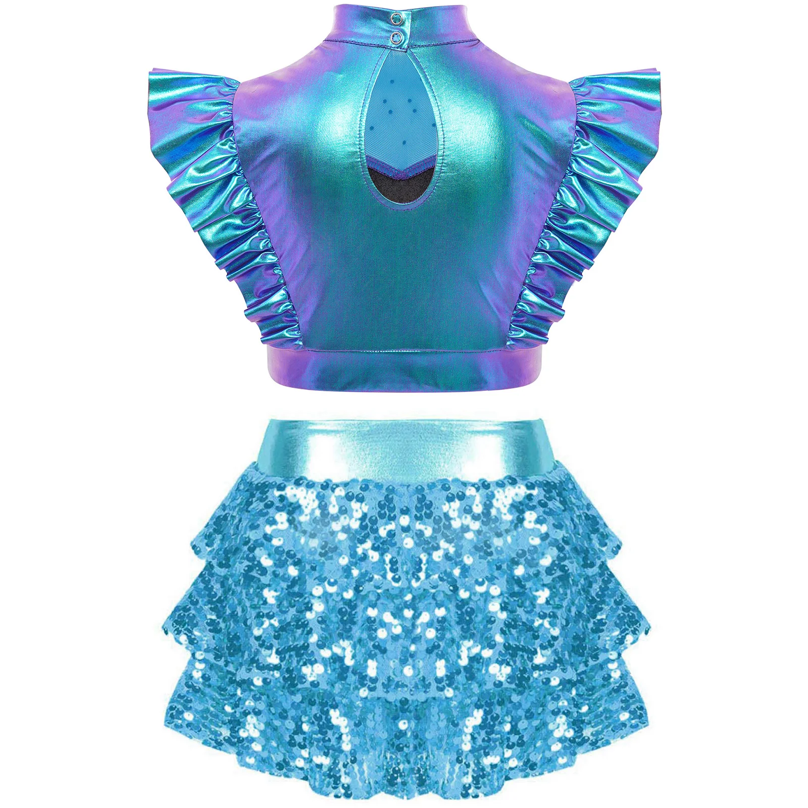 Girls Sequin Jazz Street Dance Outfit Costume Shiny Crop Top with Tiered Unitard Skirted School Basketball Cheerleading Costumes - Image 2