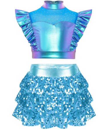 Girls Sequin Jazz Street Dance Outfit Costume Shiny Crop Top with Tiered Unitard Skirted School Basketball Cheerleading Costumes