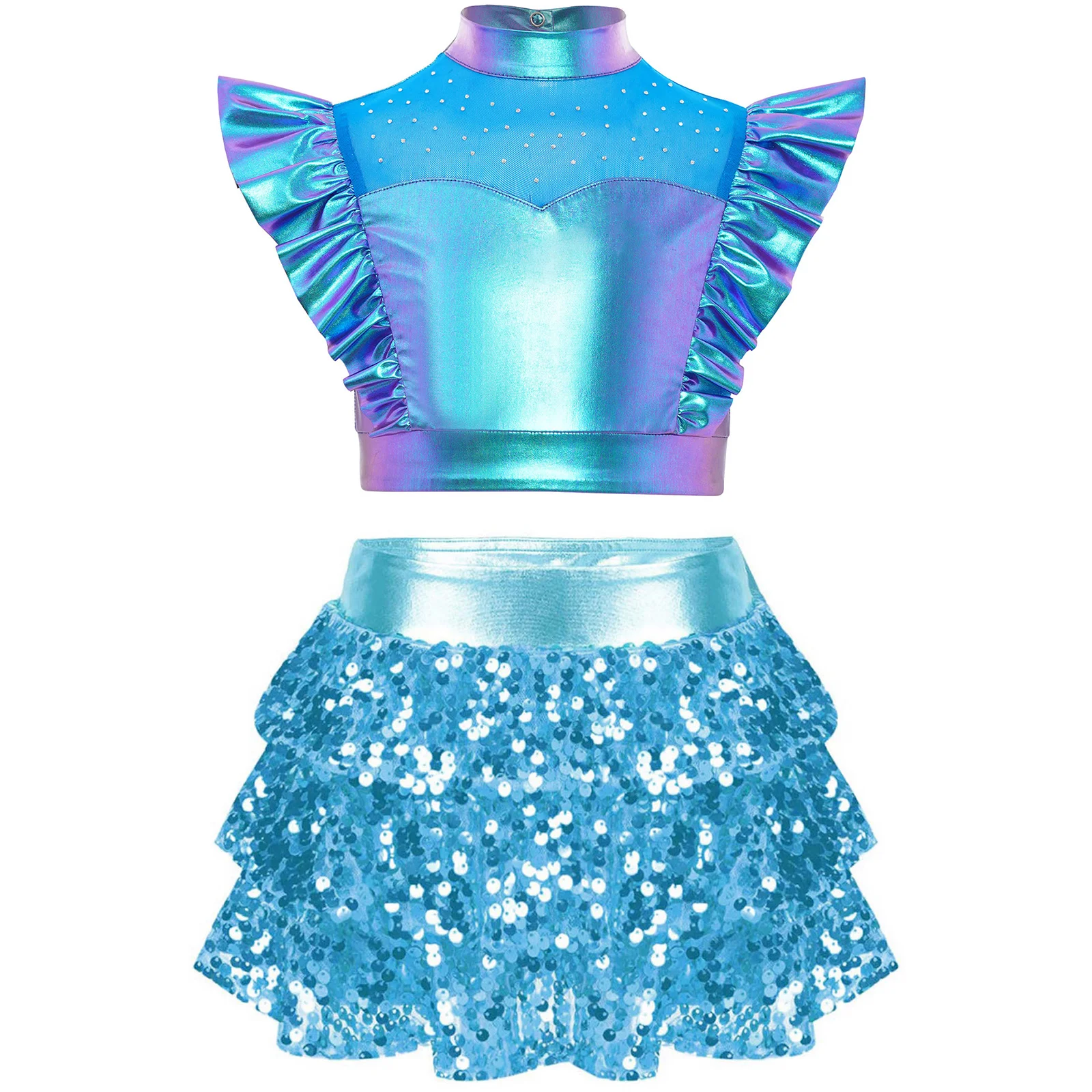 Girls Sequin Jazz Street Dance Outfit Costume Shiny Crop Top with Tiered Unitard Skirted School Basketball Cheerleading Costumes