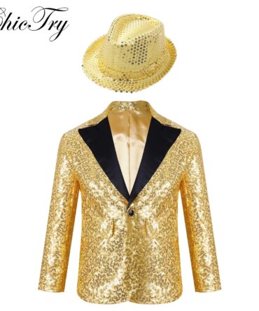 Kids Boys Shiny Sequins Lapel Jacket Coat Glitter Blazer Tuxedo Banquet Dance Wedding Party Modern Jazz Latin Stage Costumes