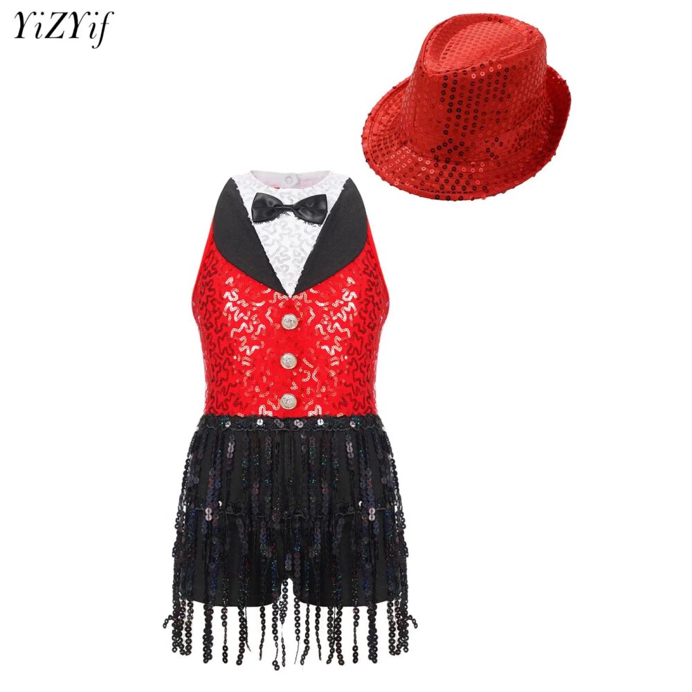Kids Girls Jazz Dance Costume Sleeveless Sequin Tassels Leotard Dress+Hat for Tap Latin Cha-cha Modern Performance Dancewear Set