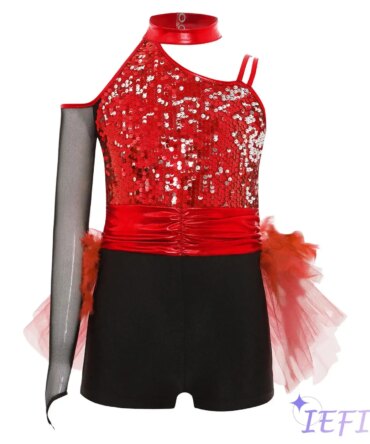 Kids Girl Jazz Dance Performance Costume Sparkly Sequins Bodice Feather Tulle Skirted Leotard Ruched Waist Asymmetrical Jumpsuit
