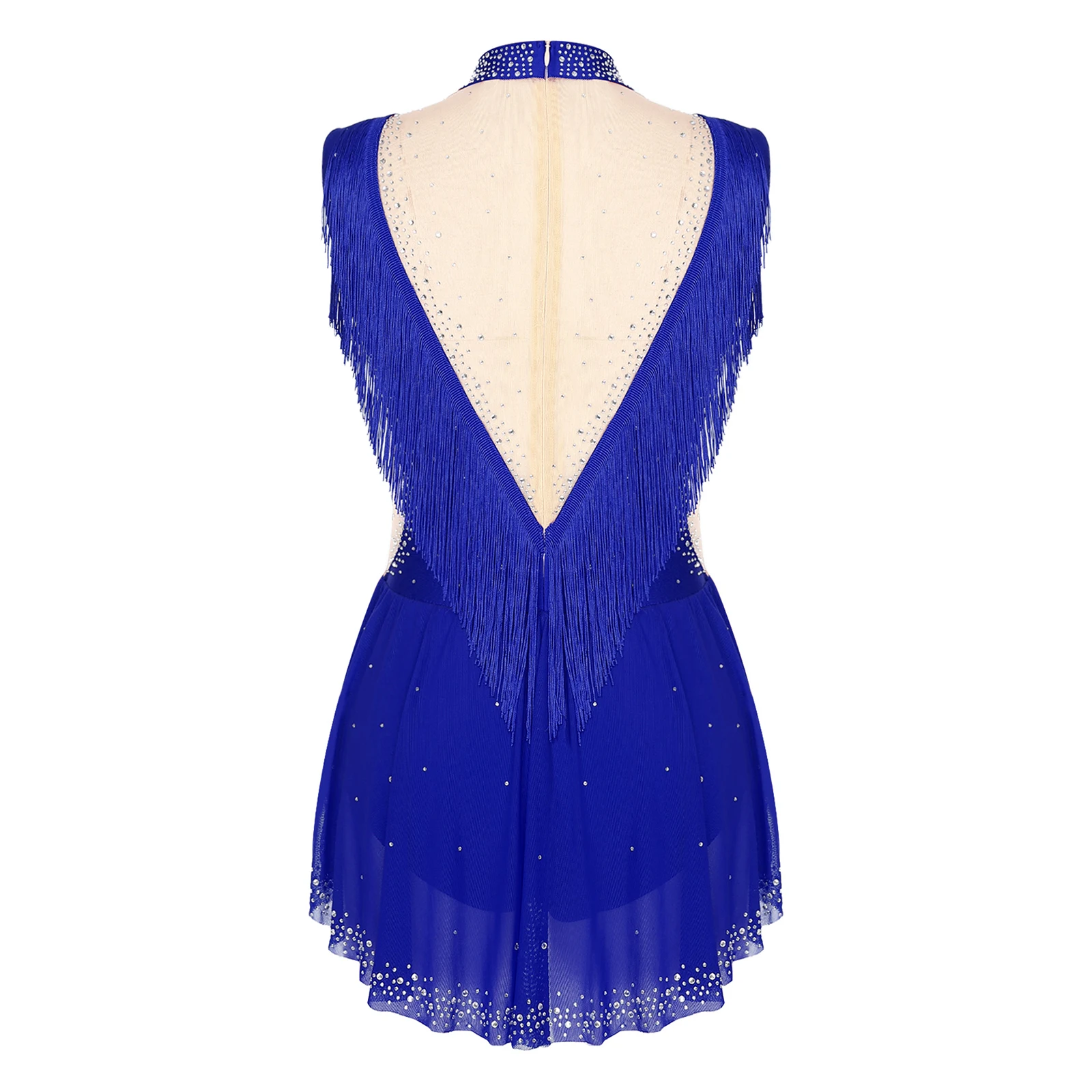 Womens Jazz Dance Leotard Skirted Sparkling Rhinestones Mock Neck Sleeveless Sheer Mesh Patchwork Tassel Bodysuit - Image 5