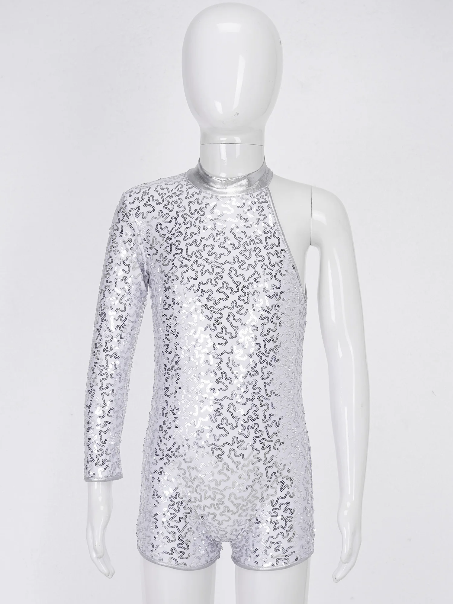 Children Girls Ballet Leotard Jazz Dance Gymnastics Skating Performance Costume Single Long Sleeve Shiny Sequin Zipper Bodysuit - Image 4