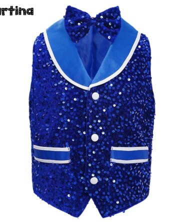 Kids Boys Girls Jazz Hip Hop Dance Party Performance Costume Sparkling Sequins Velvet Disco Vest Buttons Waistcoat with Bowties