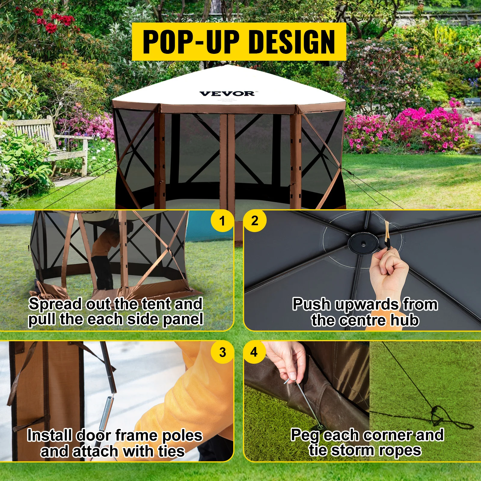 SucceBuy Pop-up Camping Gazebo Camping Canopy Shelter 6 Sided 12' x 12' / 10' x 10' Sun Shade Tents & Canopies Camping & Hiking - Image 4