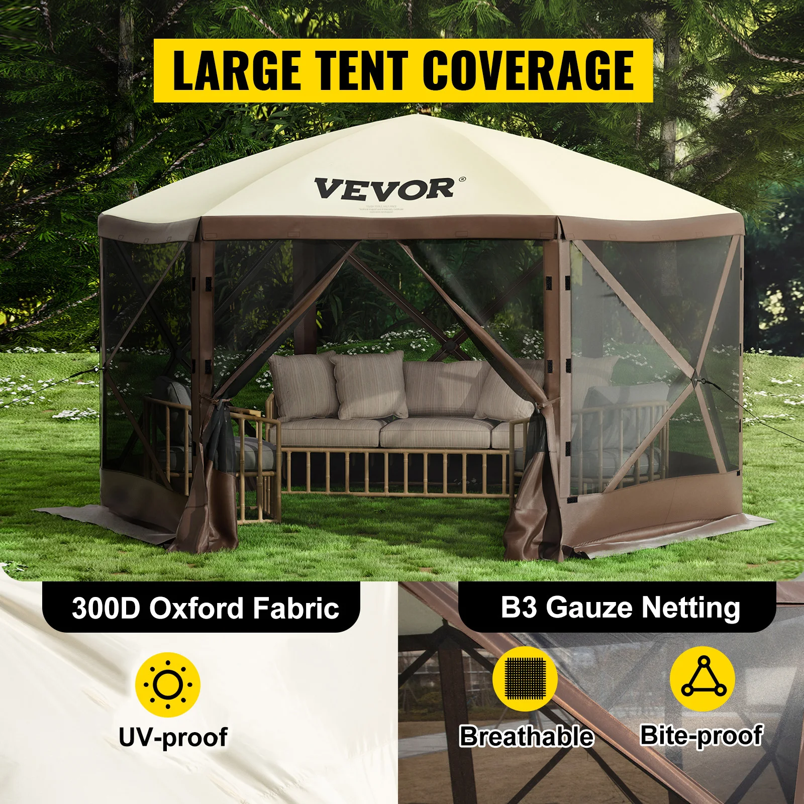 SucceBuy Pop-up Camping Gazebo Camping Canopy Shelter 6 Sided 12' x 12' / 10' x 10' Sun Shade Tents & Canopies Camping & Hiking - Image 6