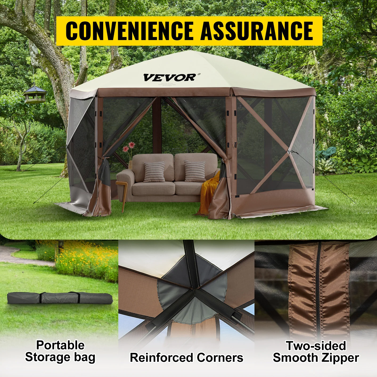 SucceBuy Pop-up Camping Gazebo Camping Canopy Shelter 6 Sided 12' x 12' / 10' x 10' Sun Shade Tents & Canopies Camping & Hiking - Image 2