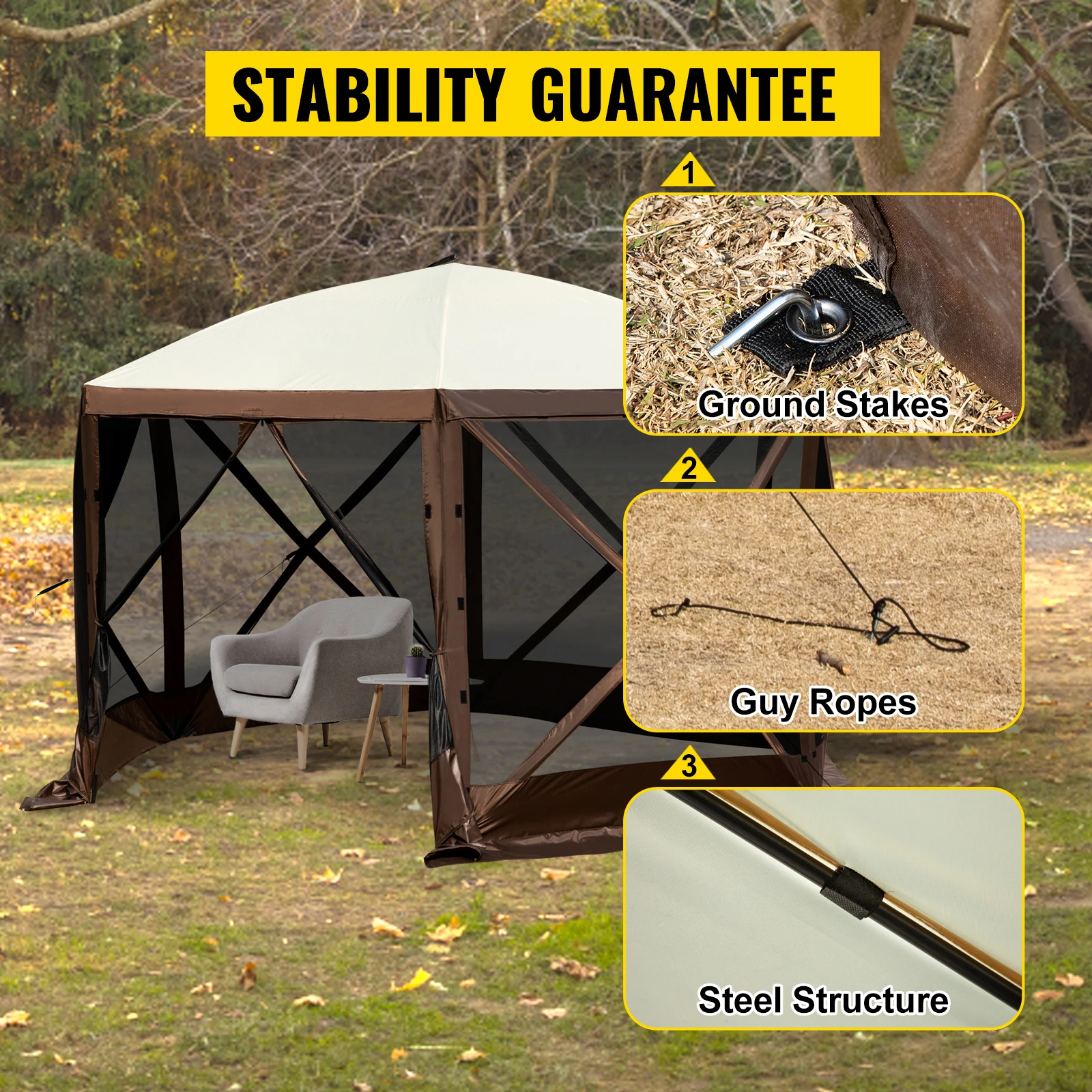 SucceBuy Pop-up Camping Gazebo Camping Canopy Shelter 6 Sided 12' x 12' / 10' x 10' Sun Shade Tents & Canopies Camping & Hiking - Image 3