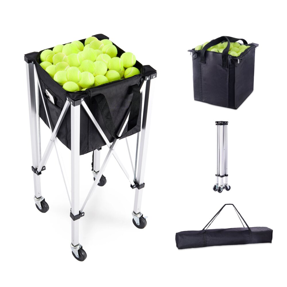 SucceBuy Foldable Tennis Ball Cart Holds 150/180 Tennis Balls Basket Hopper with Wheels for Sports Teaching Baseball Trolley