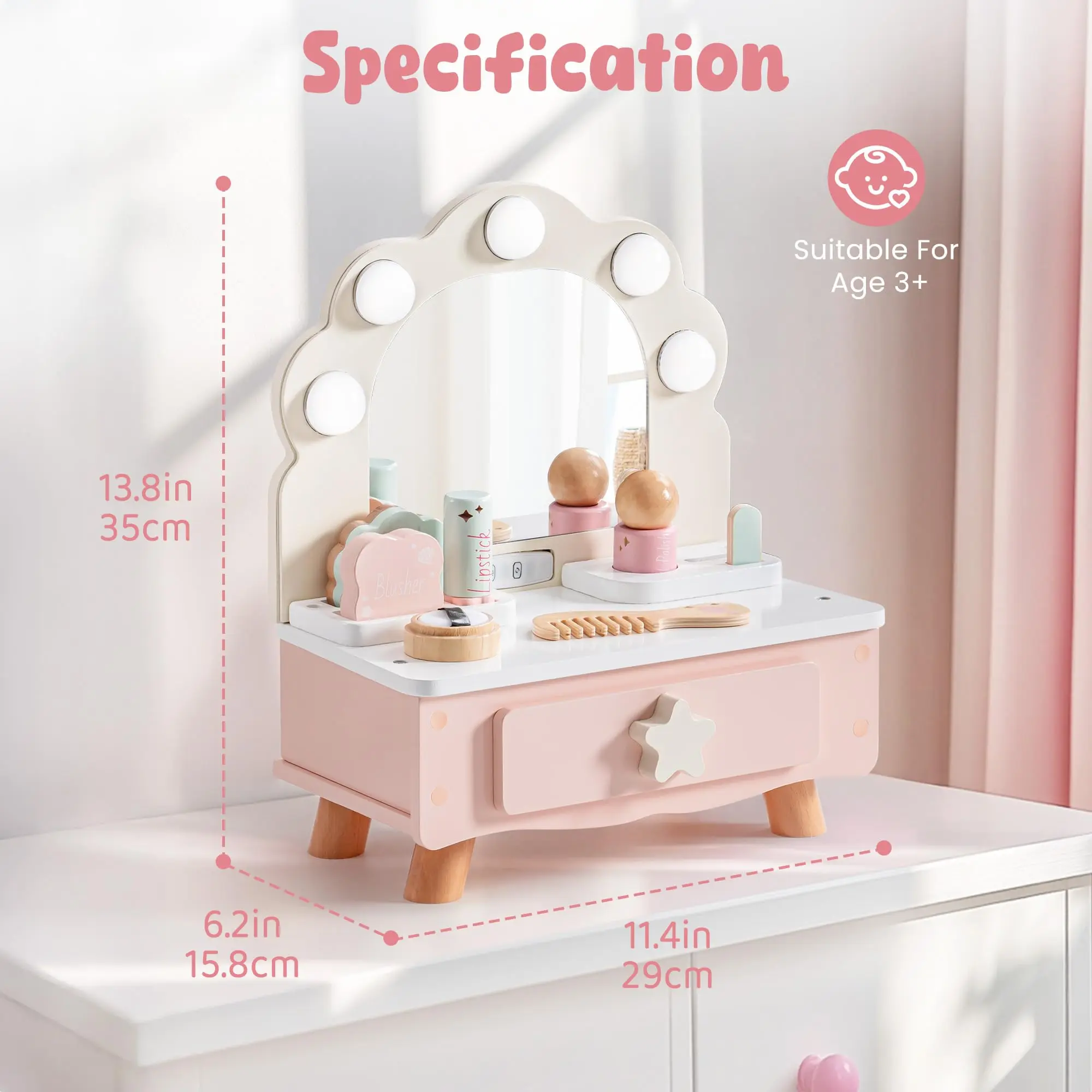 ROBOTIME Vanity Makeup Table Toy with Mirror Light Wooden Pretend Makeup Vanity Set Dressing Table with Accessories for Girls 3+ - Image 2