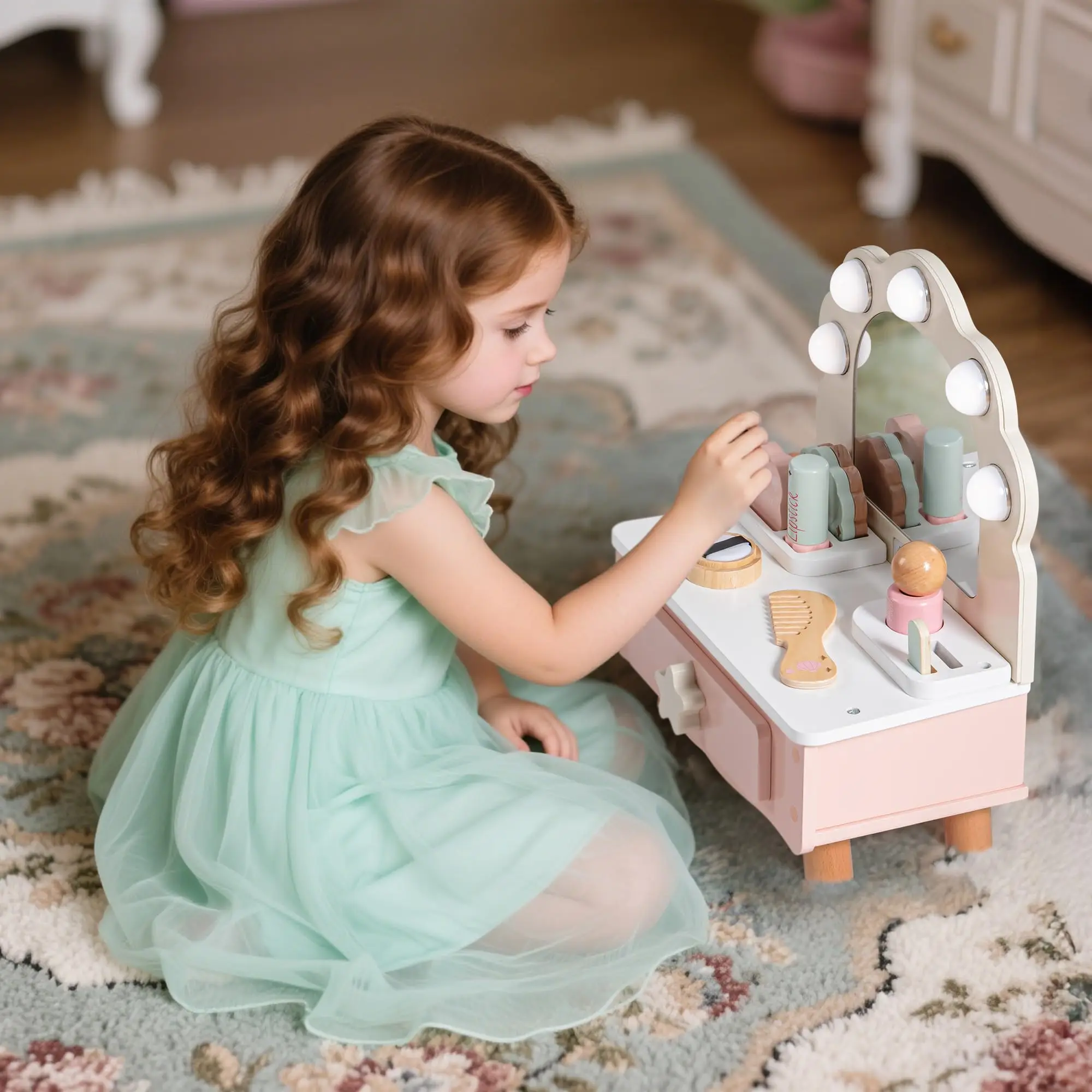 ROBOTIME Vanity Makeup Table Toy with Mirror Light Wooden Pretend Makeup Vanity Set Dressing Table with Accessories for Girls 3+ - Image 3
