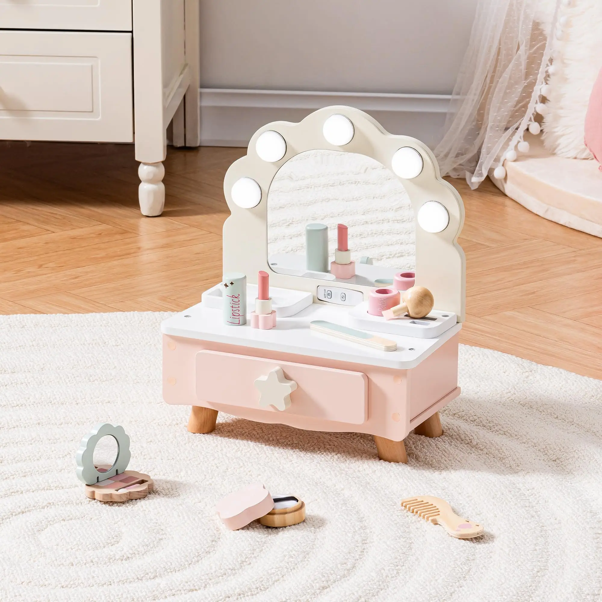 ROBOTIME Vanity Makeup Table Toy with Mirror Light Wooden Pretend Makeup Vanity Set Dressing Table with Accessories for Girls 3+