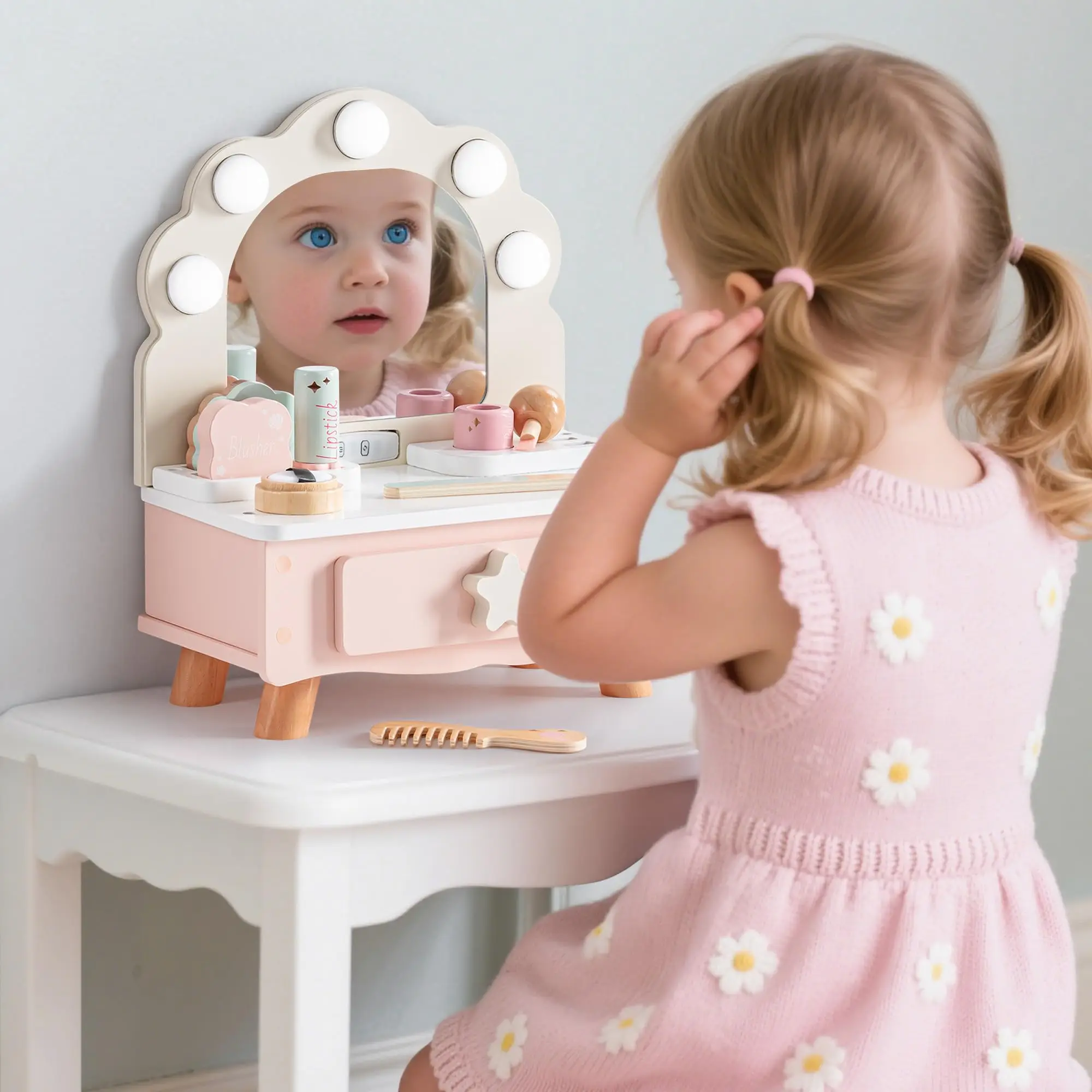 ROBOTIME Vanity Makeup Table Toy with Mirror Light Wooden Pretend Makeup Vanity Set Dressing Table with Accessories for Girls 3+ - Image 4