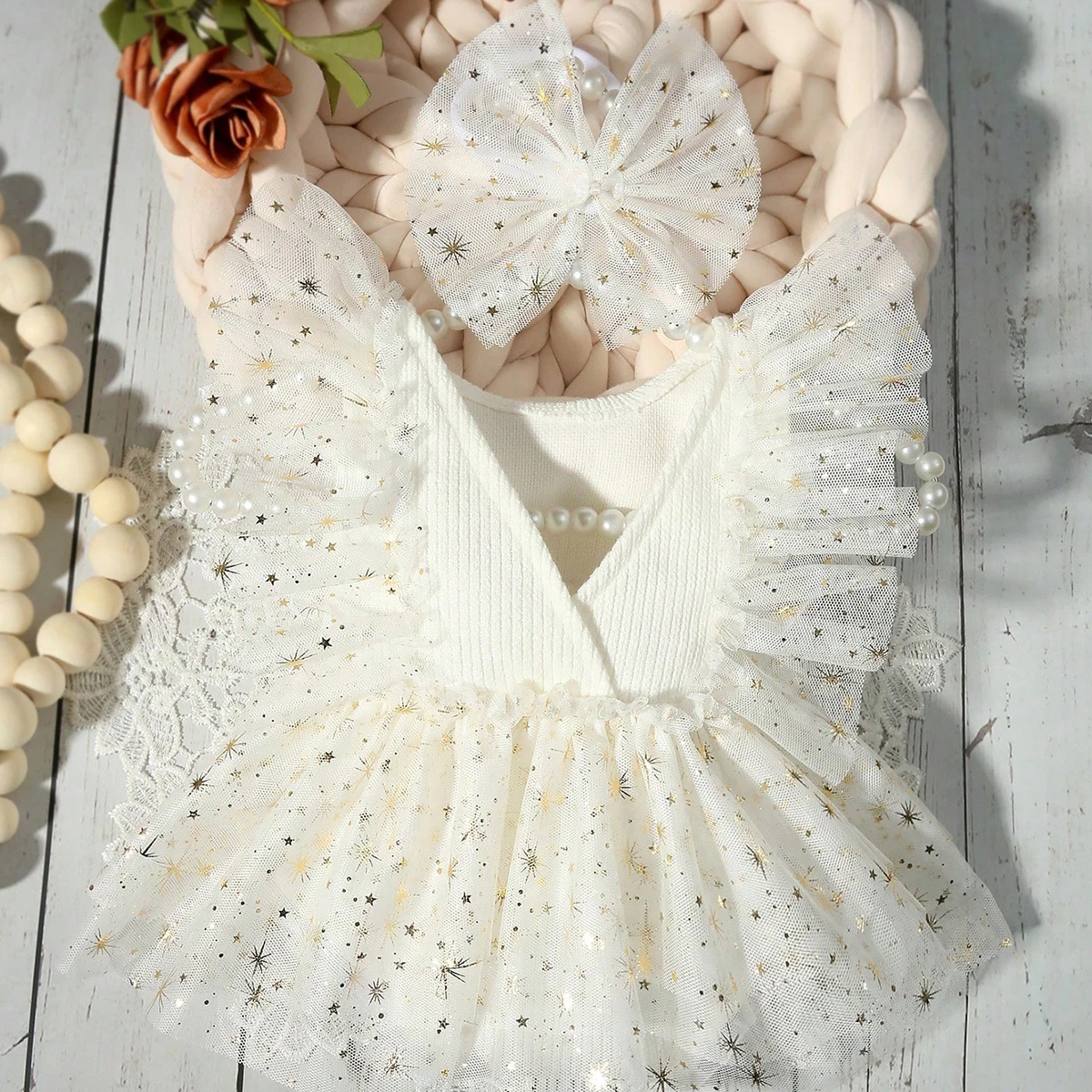 Ylsteed Violet Newborn Outfit for Pictures Knitted Infant Photography Romper with Matching Headbands Mesh Dress Portrait Props - Image 4