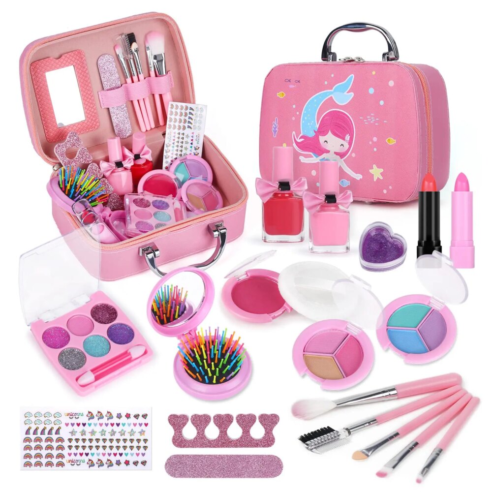Girls Real Makeup Kit Washable Princess Play Makeup Set Kids Toys Safe Non Toxic Girls Pretend Play Birthday for Kids Gifts