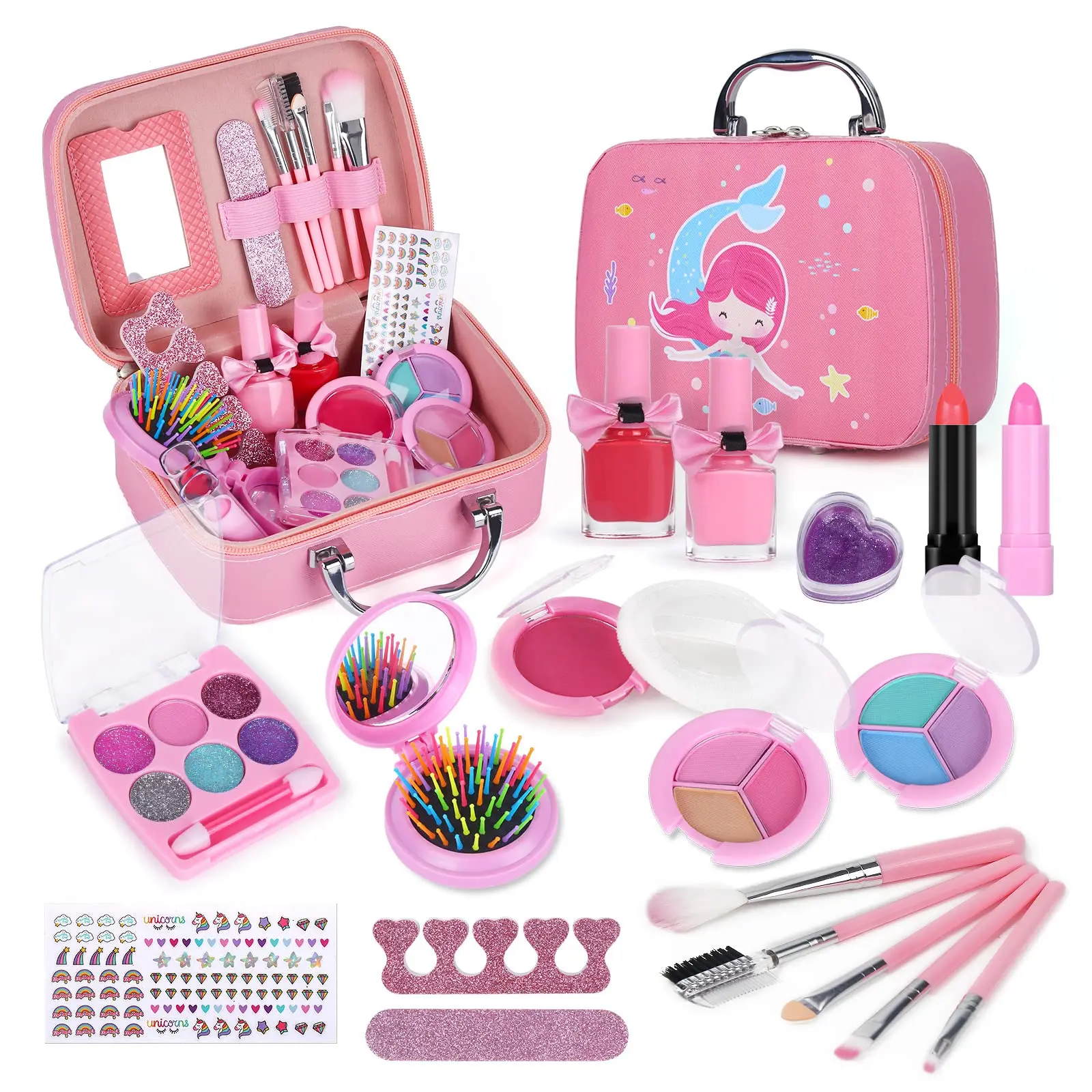 Girls Real Makeup Kit Washable Princess Play Makeup Set Kids Toys Safe Non Toxic Girls Pretend Play Birthday for Kids Gifts